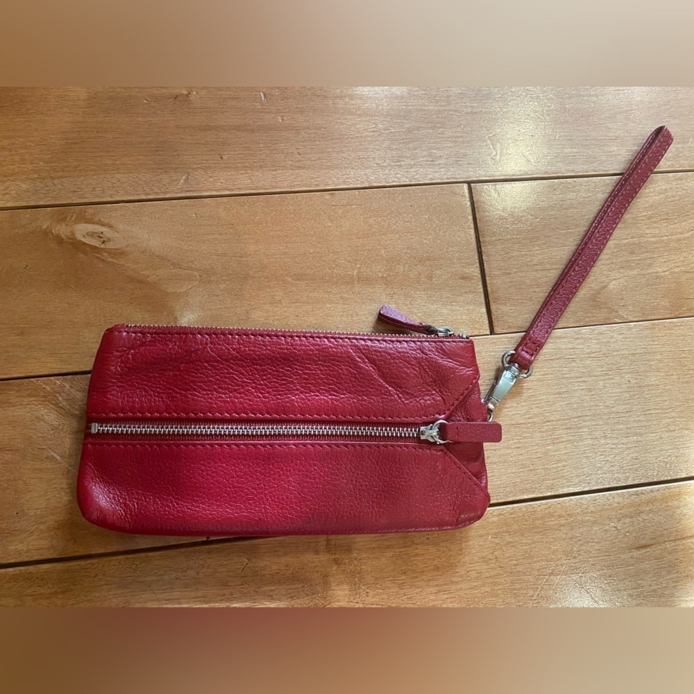 Danier Genuine Leather Red Leather Wallet wristlet Approx 4x8”  strap handle